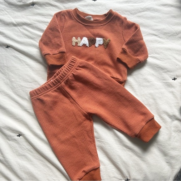 Baby Waffle Knit Two Piece “Happy” Set in Burnt Orange Fall / Autumn - Picture 2 of 5